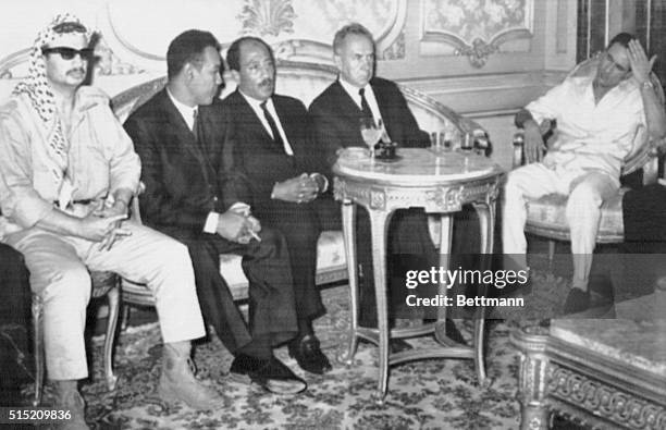 Soviet Premier Alexei Kosygin confers with Arab leaders here Oct. 2. From left to right: guerrilla leader Yasser Arafat; Sudan's President Gaafer...