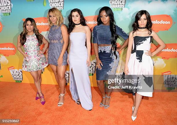 Singers Ally Brooke, Dinah Jane, Lauren Jauregui, Normani Kordei and Camila Cabello of Fifth Harmony attends Nickelodeon's 2016 Kids' Choice Awards...