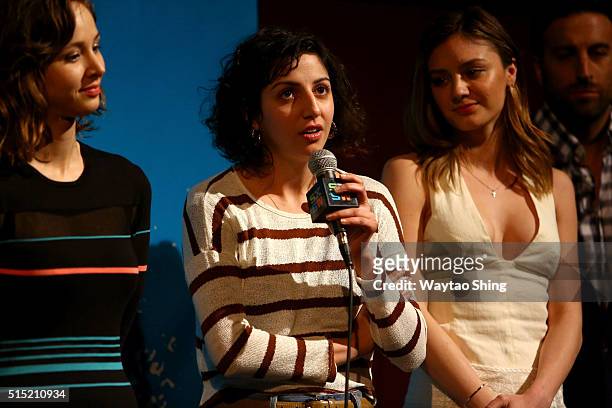 Actors Helen Rogers, Layla Khoshnoudi, and Christine Evangelista speak onstage during the premiere of "Long Nights Short Mornings" during the 2016...