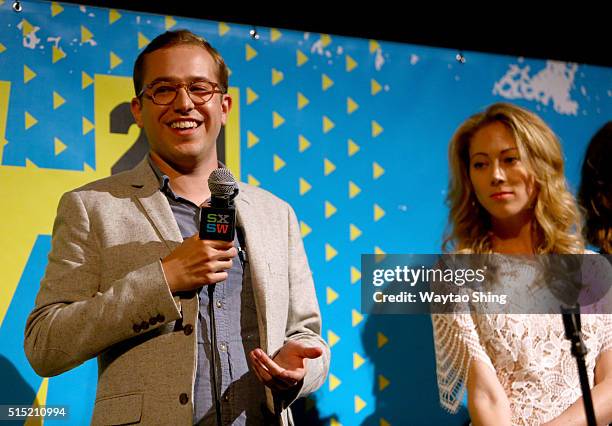 Writer/director Chadd Harbold and actress Christine Evangelista speak onstage during the premiere of "Long Nights Short Mornings" during the 2016...