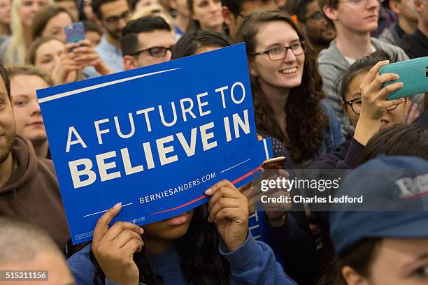 Guests listen as Democratic presidential candidate U.S. Sen. Bernie Sanders speaks in the Activities and Recreation Center on the campus of the...