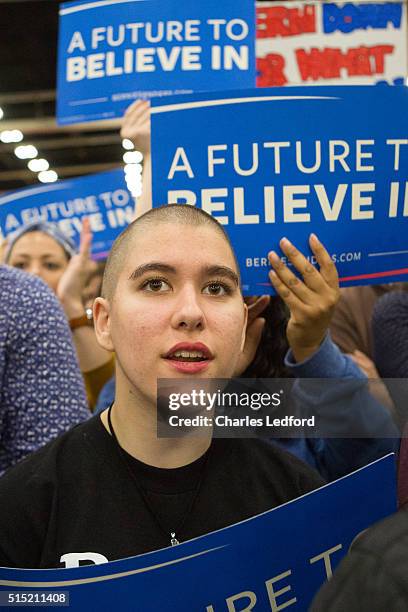 Guests listen as Democratic presidential candidate U.S. Sen. Bernie Sanders speaks in the Activities and Recreation Center on the campus of the...