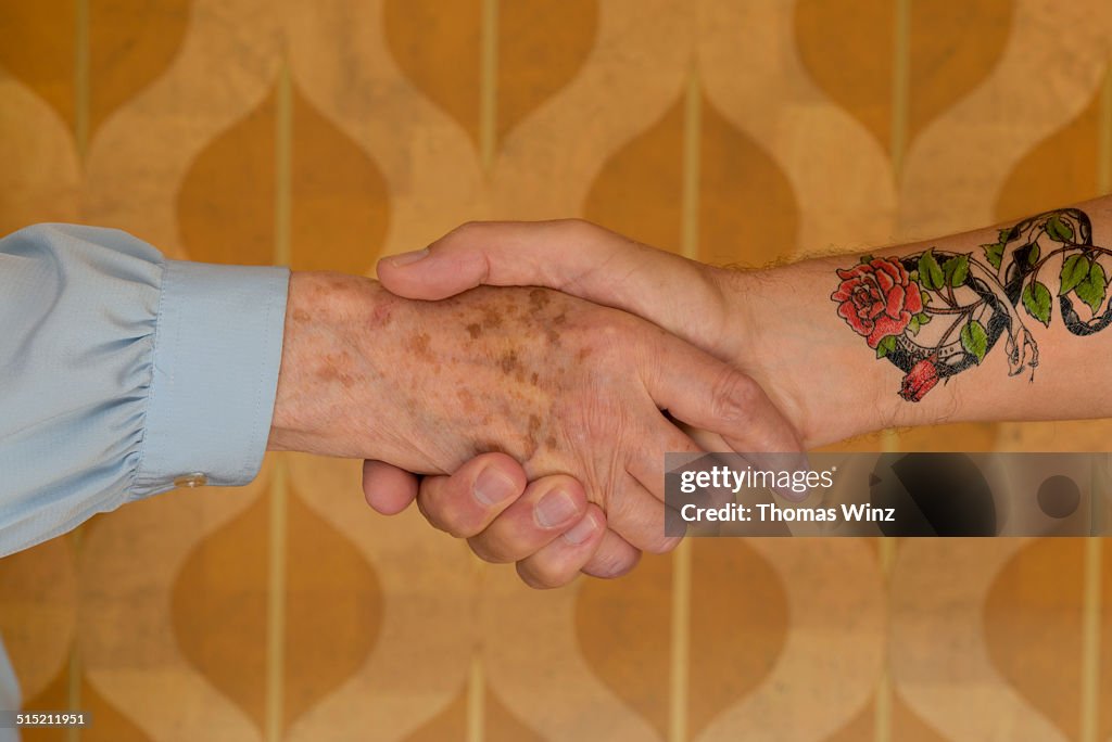 Senior woman shaking hands with a  man