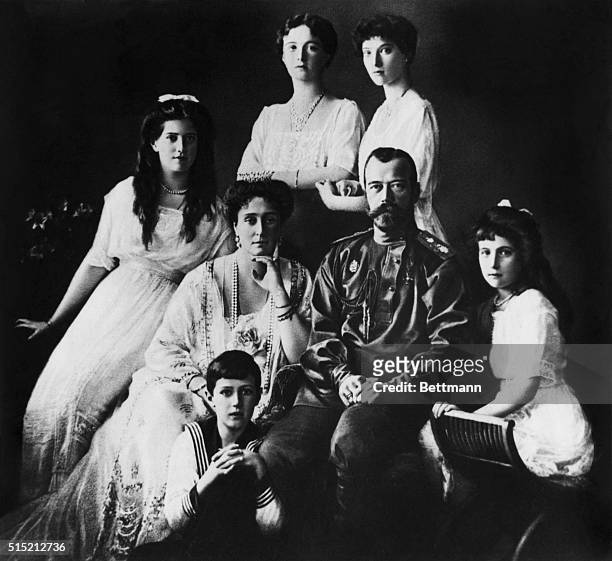 Portrait of the last Russian Imperial family was taken as part of an anniversary celebration. The family members are : Marie, Grand Duchess of...