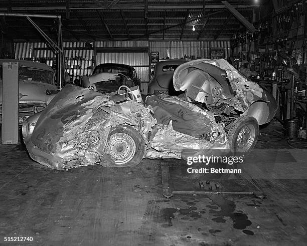 The wrecked remains of the James Dean's Porsche 550 Spyder "Little Bastard" lie in the garage of a repair shop in Paso Robles, California. The...