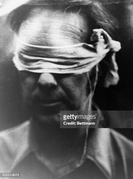 Tehran, Iran- Close-up of a blindfolded hostage who was paraded before Iranian photographers and TV cameras. Photo issued by militant Moslem students...