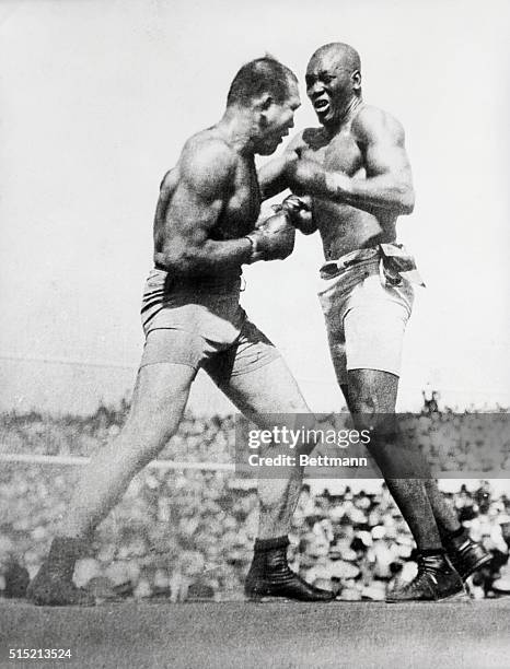 Action shot of Jack Johnson fighting Jim Jeffries at Reno in 1910. Jeffries was beaten over 15 rounds.