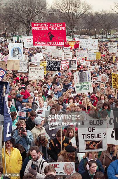 Washington, D.C.- Thousands of participants in the March for Life gather on the Ellipse to hear a phone message from President Reagan, before...