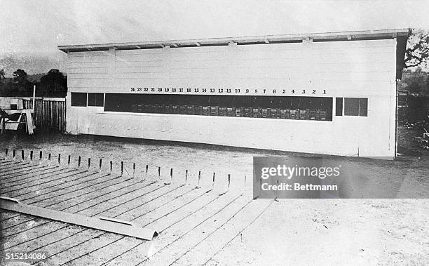 Stanford Muybridge Memorial Exhibit- Photo shows long shed which contained 24 cameras taking first motion picture by Eadward J. Muybridge in 1878 of...