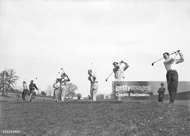 Augusta, GA- Byron Nelson, Johnny Goodman, Harold McSpaden, Jack Munger, Joe Kirkwood, Johnny Revolta and Bob Sweeney , snapped on the driving range...