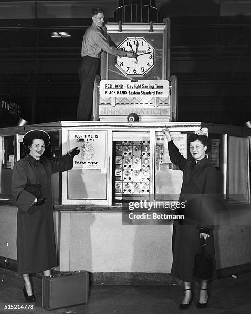 Boston, Massachusetts- The Misses Margaret L. Dowling and Jean Baker, of Roslindale, get a preview of how the clocks in South Station at Boston will...