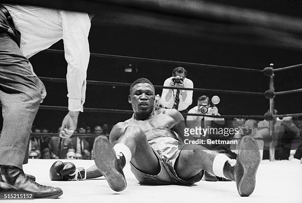 New York, NY- World light heavyweight champion Dick Tiger is sprawled on the canvas as the referee starts the count during the fourth round of...