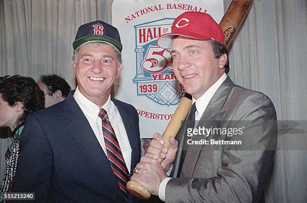 New York, New York-Carl Yastrzemski of the Boston Red Sox, and Johnny Bench of the Reds are introduced as the newly-inducted members of the Baseball...