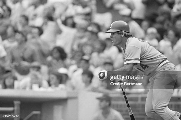 Chicago, Illinois-Pete Rose eyes a single to right-center to give him 4,191 career base hits, matching the all-time record of Ty Cobb. The hit came...