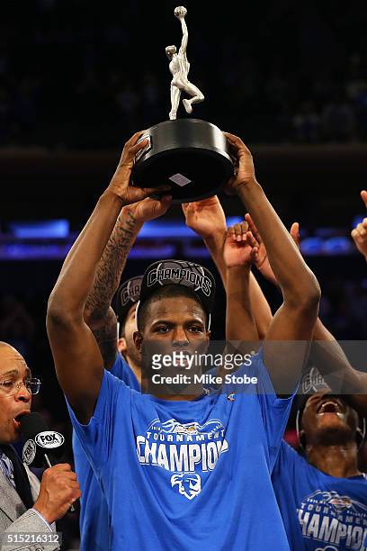 Isaiah Whitehead of the Seton Hall Pirates celebrates after winning the MVP during the Big East Basketball Tournament Championship at Madison Square...