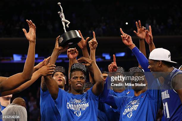 Isaiah Whitehead of the Seton Hall Pirates celebrates after winning the MVP during the Big East Basketball Tournament Championship at Madison Square...