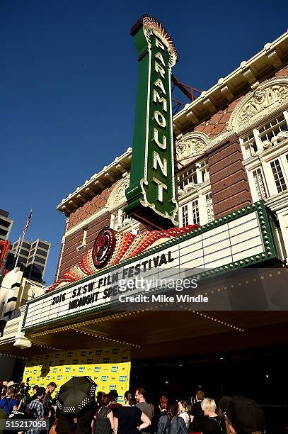 The marquee for the screening of "Midnight Special" is displayed during the 2016 SXSW Music, Film + Interactive Festival at Paramount Theatre on...