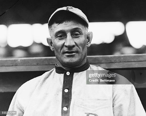 Head and shoulders outdoors portrait of Hans Wagner, a baseball great from the beginning of the 20th cnetury. Undated photograph.