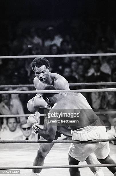 Joe Frazier's knees buckle after George Foreman lands a punch during the second round of their boxing match in Kingston, Jamaica. Foreman wins the...
