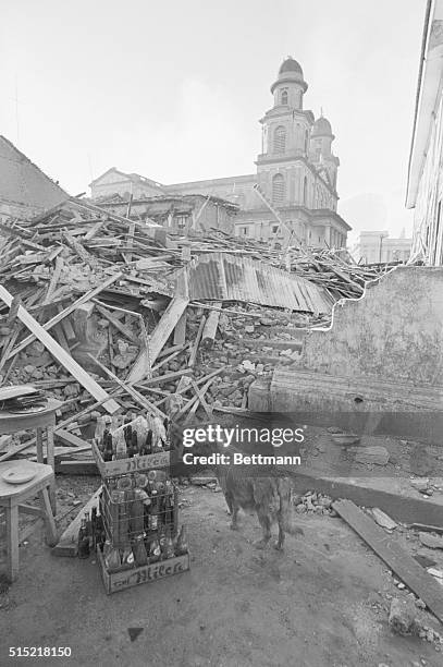 Managua, Nicaragua: A cathedral stands intact amidst rubble in the center of the city of Managua. The city was hit by a devastating earthquake,...