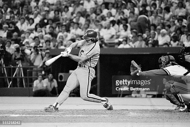 St. Louis, Missouri- Philadelphia p hillies' Pete Rose takes over second place in the all-time career hits with this double off St. Louis Cardinals...
