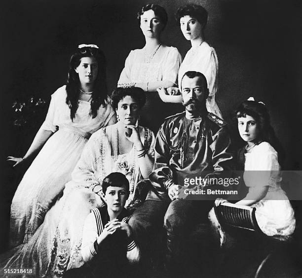 Portrait of Czar Nicholas II and his family: Empress Alexandra, Prince Alexis, and the princesses Tatiana, Anastasia, Olga, and Maria. Photograph,...