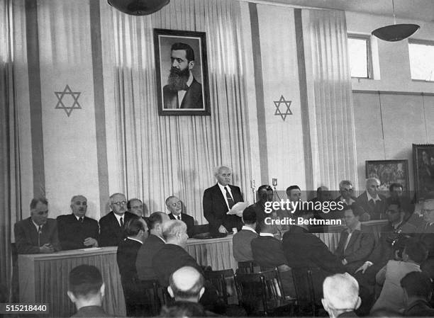 Tel Aviv, Israel- Members of the newly created state of Israel gathered to hear Prime Minister David Ben Gurion read the Jewish "Declaration of...