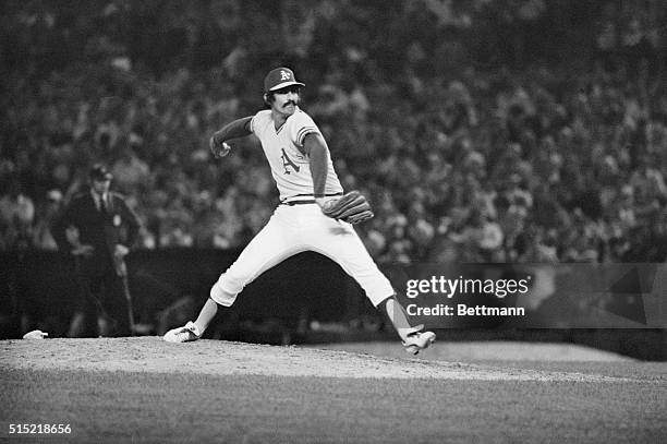 Oakland, California- Rollie Fingers of A's pitching against Dodgers in Oakland Coliseum.