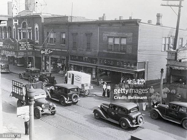 Chicago, IL- A daylight view of the scene of the killing of John Dillinger in Chicago. He had attended a movie in the theatre at the left when...