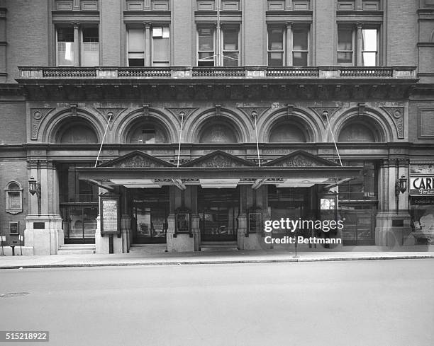 New York, NY: Exterior view of the entrance to Carnegie Hall. Photograph circa 1940.