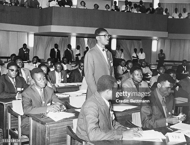 Leopoldville, Belgian Congo- Congo political leader Patrice Lumumba, shown addressing Parliament, won his first test of strength in Parliament, June...