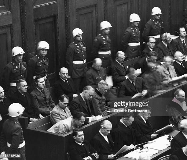 Nuremberg, Germany: Nuremburg Trials: The accused during reading of indictment. In the front row, left to right: Goering, Hess, Von Ribbentrop,...