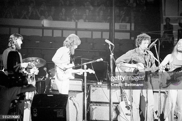 New York, NY- Former Beatles Ringo Starr and George Harrison team up with Leon Russell and Bob Dylan, during the benefit rock performance which...