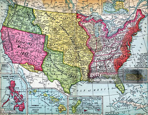 Map of the United States and its possessions, showing territorial growth from the original thirteen colonies. Undated engraving.