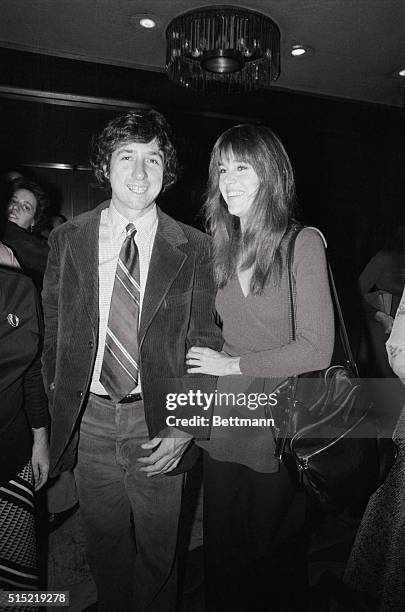 New York, NY-Academy Award-winning actress Jane Fonda, and her politcally active husband, Tom Hayden, talk with newsmen at the Americana Hotel where...