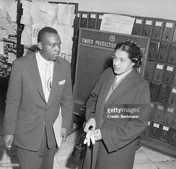 Rosa Parks with her attorney Charles D. Langford after her arrest with other African American leaders for boycotting busses in a mass protest against...