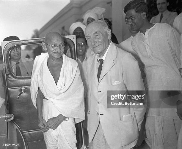 New Delhi,India-Mahatma Gandhi shown as he left the Cabinet Minister's residence in New Delhi April 28 after a British Mission Conference on Indian...