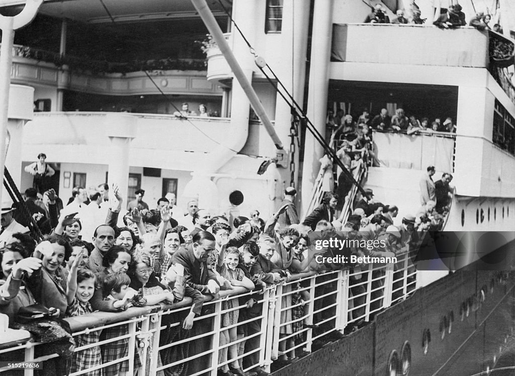 German-Jewish Refugees Waving from Ship Deck