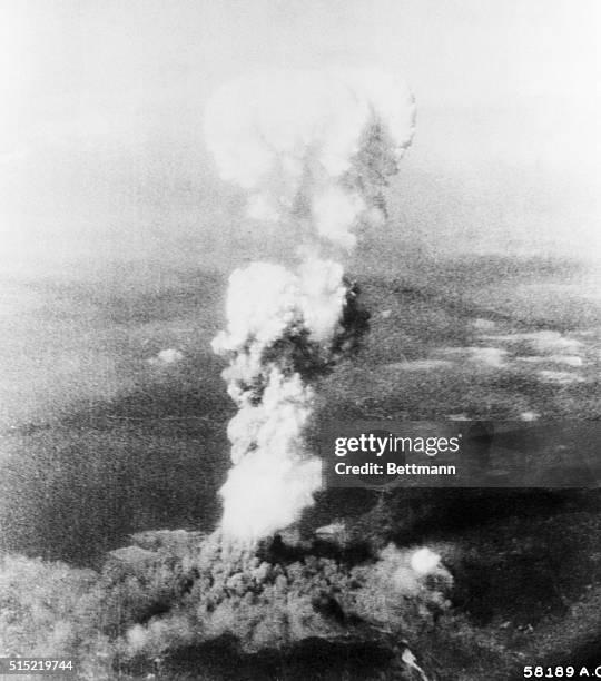 Hiroshima, Japan: Mushroom cloud from atom bomb blast at Hiroshima. Filed 8/11/1945.