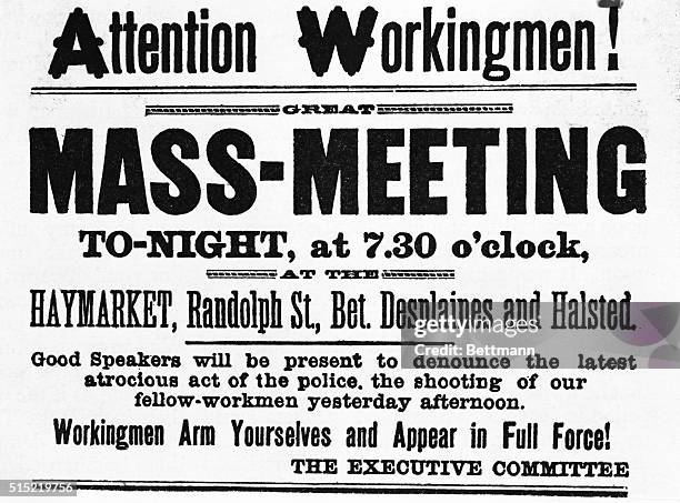 Poster advertising a mass-meeting of workers on the evening after the Haymarket Square incedent of May 4th, 1886.