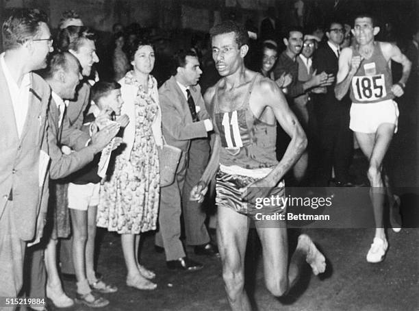 Abebe Bikila of Ethiopia running during the marathon at the Olympics, Rome, Italy, 10th September 1960.