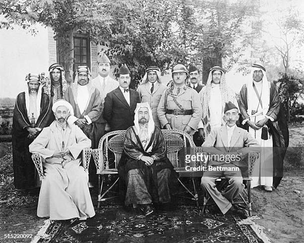 Three sons of the Sharif of Mecca, Hussein, seated left to right: Faisal I, King of Iraq, Abdullah, Emir of Transjordania , and Ali, who was briefly...