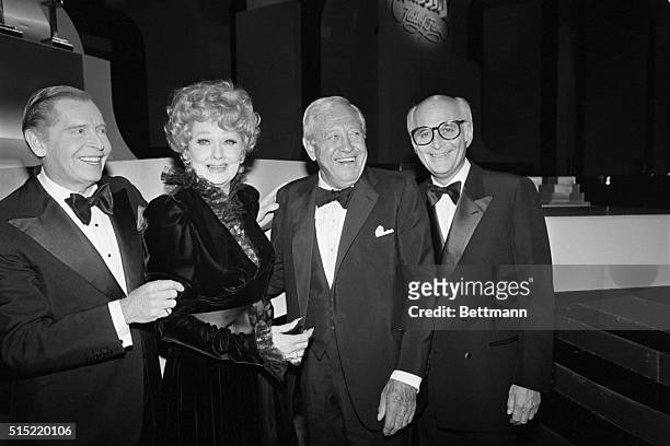 Hollywood, CA-Milton Berle, Lucille Ball, former CBS chairman William S. Paley, and producer Norman Lear smile for photographers as they are inducted...