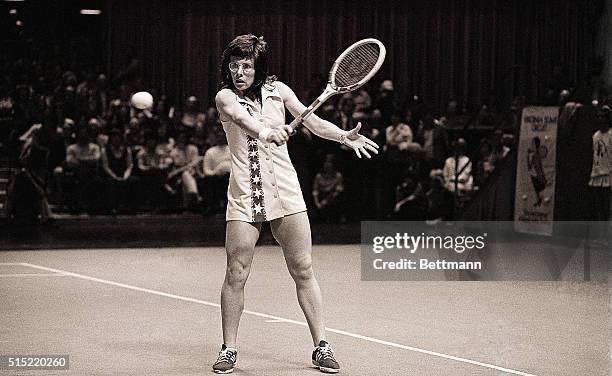 San Francisco, CA- Contrasts in backhands show as Billie Jean King displays orthodox form against opponent Chris Evert who uses both hands during...
