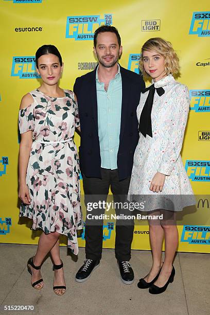 Actors Jenny Slate, Nick Kroll and Zoe Kazan attend the "My Blind Brother" premiere during the 2016 SXSW Music, Film + Interactive Festival at Topfer...