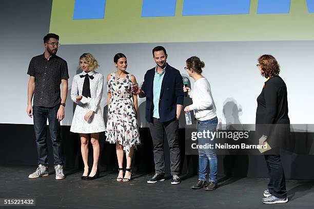 Charlie Hewson, Jenny Slate, Sophie Goodhart, SXSW Film Director Janet Pierson, Nick Kroll and Zoe Kazan speak on stage before the start of "My Blind...