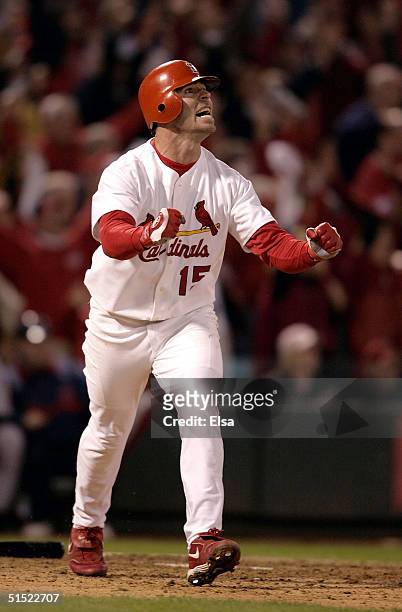 Jim Edmonds of the St. Louis Cardinals reacts to hitting a game-winning two-run home run in the bottom of the 12th inning giving the Cardinals a 6-4...