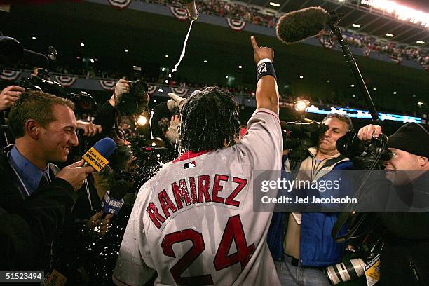 Manny Ramirez of the Boston Red Sox celebrates after defeating the New York Yankees 10-3 to win game seven of the American League Championship Series...