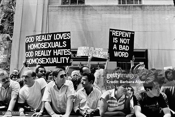 Protestors show their distaste at a Gay Pride parade in New York City, USA, June 26, 1983.