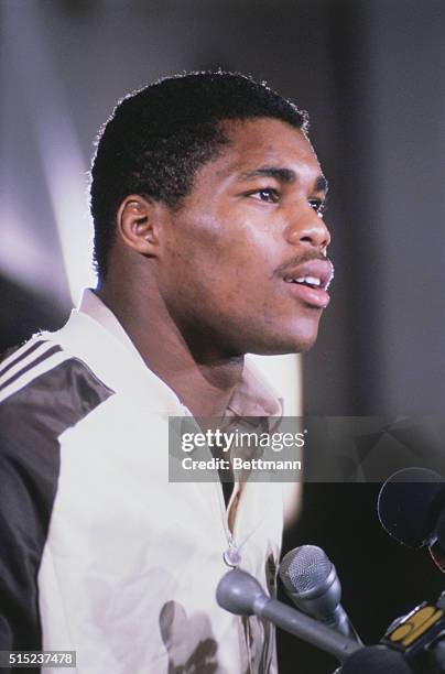 Orlando, Florida: Close up of Herschel Walker at a press conference on his arrival at the New Jersey Generals training camp at the University of...